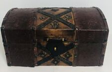 Antique Wooden Half Round Storage Chest Box Brass Fittings Leather 8”x4.5” picture