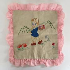 Vintage Handmade Embroidered Pillowcase Girl w/Flower Basket Pink Ruffle 14 x 16 picture