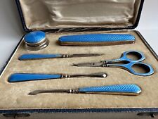 RARE ANTIQUE 1928 ENGLISH STERLING 925 GUILLOCHE ENAMELED VANITY MANICURE SET picture