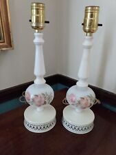 Set Pair 2 Vintage Milk Glass & Toleware Table Desk Bedroom Parlor Lamps Roses picture