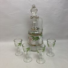 Vintage Hand Painted Glass Decanter 4 Sherry Cordial Glasses Fruit Pears Grapes picture