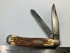 Vintage Sears Craftsman Folding Pocket Trapper 2 Blade Knife USA 9481 Faux Stag picture