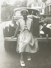 S5 Photograph Pretty Lovely Woman Posing Sitting Bumper Old Car Cadillac  picture