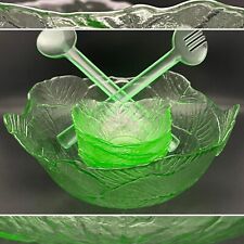 Viking Glass Spring Green Cabbage Leaf Salad Serving 7pc Set 1980-81 Made in USA picture