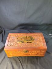Vintage Hand Carved Wood Treasure Jewelry Box Mural Lid Footed Gold Frame Mirror picture