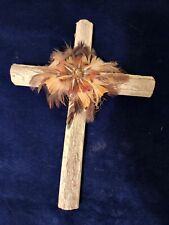 Southwestern Wall Cross Native American Wooden w/ Feathers signed dated 2007 picture