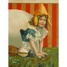 Antique 1911 Easter Greetings Postcard Little Girl Oversized Eggshell Colorful picture
