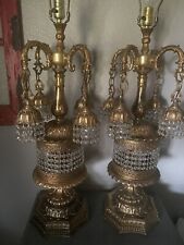 Pair of Elegant Ornate MCM Hollywood Regency Brass W/Crystal Prisms Lamps Lights picture