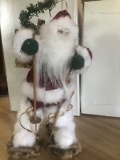 Vintage Rustic Santa On Snowshoes Tree Ornament  8”.  W Backpack, Fur, Velvet picture