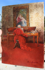 Vintage religious cleric sitting at desk madonna oil canvas painting 50s picture