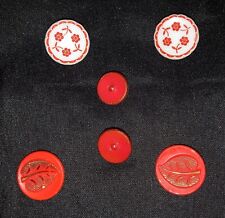 Lot of 6 Vintage Red and White Milk Glass Buttons Flowers Gold Luster 1/2'- 3/4