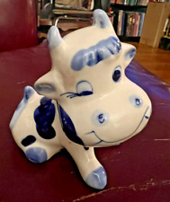 Vintage Little HandPainted Ceramic Cow Figurine Blue & White picture