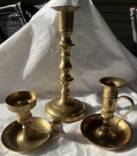 Vintage Solid Brass Set Of 3 Candlesticks Two Chamber Holders One Tall Boho Chic picture