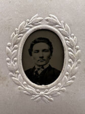 1860s Civil War Era GEM Tintype Handsome Man Embossed Wreath Frame CDV Mounted   picture