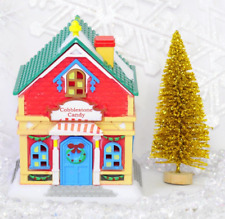 Christmas Village Or Train Display Plastic Candy Store + Gold Bottle Brush Tree picture
