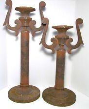 VINTAGE PAIR OF LARGE IRON MEDIEVAL STYLE CANDLE HOLDERS 19 & 22.5 INCHES picture