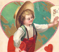Valentines Greeting Boy Heart Overalls Victorial Clapsaddle Vintage Postcard A2 picture