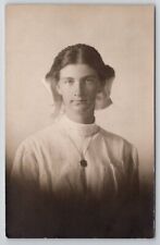 RPPC Lovely Young Woman Large Hair Bow Braids Portrait Postcard G25 picture