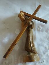 Vintage Detailed Jesus Carrying His Cross Wood Carving Religious Christian Relic picture
