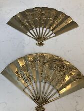 Pair of Vintage Solid Brass Oriental Style Hand Fan Phoenix Dragon Wall Decor picture