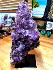 Amethyst Crystal Gemstone Geode with Custom Metal Stand Attached Specimen 001 picture