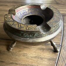 Vintage Raised Brass Ashtray made in India With Floral Ornate Engravings Blue 3