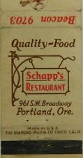 Quality - Food Schapp's Restaurant Portland Oregon Vintage Matchbook Cover picture