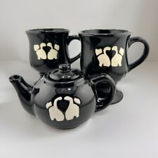 Vintage Handmade Studio Pottery Black White Kitty Cat Inkblot Mugs & Teapot Set picture