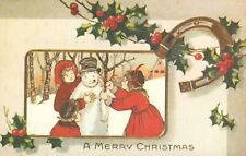 Vtg Postcard Merry Christmas Divided Back 1950's Snowman Holly Horseshoe -A0089 picture