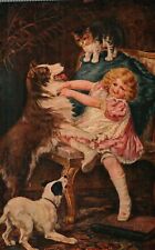 Postcard Mary Jauss Vintage Girls Kiss And Be Friends 1909 Happy Dogs Cat NA11 picture
