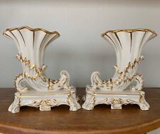 1940s Wishmaker Jacob Petite Style Amoges Cornucopia Vases White Gold Trim Set picture