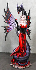 Fantasy Red Gowned Gothic Rose Fairy With Black Grendel Volcano Dragon Figurine picture