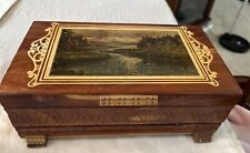Vintage Carved Cedar,  Jewelry Box Chest. Beautiful Mountain Lake Scene On Top. picture