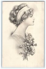 1912 Victorian Pretty Woman Curly Hair Flowers Sheboygan Wisconsin WI Postcard picture