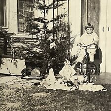 Antique Snapshot Photograph Christmas Tree Adorable Little Girl’s Loot Toy Bike picture