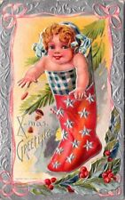 Baby Hanging in a Stocking~ From a Tree~Antique Christmas Fantasy Postcard~h719 picture