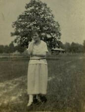 Woman In Dress Standing In Field Large Tree Behind B&W Photograph 2.5 x 4.5 picture