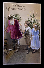 Red Felt Santa Claus w. Children~Tree~Antique Novelty Christmas Postcard-h640 picture
