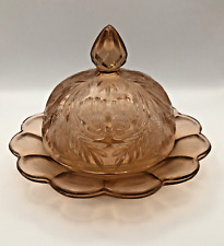 Vintage Moser Blush Pink Inverted Thistle Glass Butter Dish With Cloche 8” Wide picture