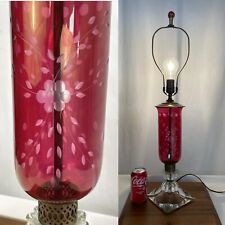 Antique Vtg Art Deco Cranberry Red Glass Cut to Clear Table Lamp 20s 30s 40s 50s picture