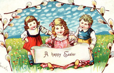 c1909 Children Hold A Happy Easter Banner Embossed Germany ANTIQUE Postcard picture