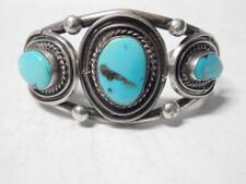 VINTAGE NAVAJO INDIAN STERLING LARGE TURQUOISE STONES WIDE CUFF BRACELET picture