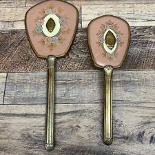 Antique Vtg  Hand Held Embossed  Vanity Mirror Victorian Style Brass With Brush picture