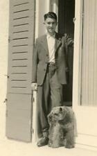 T497 Vtg Photo YOUNG MAN CASUAL SUIT W/ PET SCHNAUZER DOG, c 1930's picture