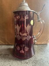 Vintage Bohemian CZECH RUBY Cut to Clear GLASS BEER STEIN w/Lid & LEAPING DEER picture