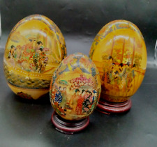 Lot of 3 Vintage Satsuma Eggs Samurai & Geishas + 2 Stands (2) 6in 7 (1) 4.5 in picture