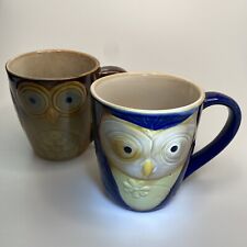Elite Couture Owl Mugs By Gibson (2) Blue & Brown Coffee Tea Texture Pair picture