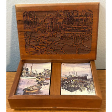 Vintage Carved Wood Storage Box with 2 Scenic Playing Card Set by Redislip EUC picture