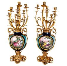 PAIR 19th C FRENCH ANTIQUE SEVRES  PORCELAIN & GILT BRONZE Scenic CANDELABRAS picture