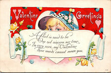 Vtg 1910s Valentine Greetings Poem Lady in Hat Yellow Roses Embossed Postcard picture